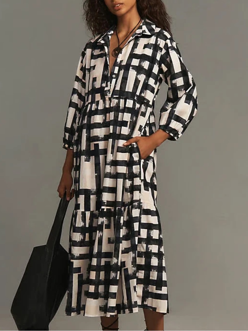 Anthropologie XL Maeve Bettina Tiered Geometric Midi Puff Sleeve Shirt Dress